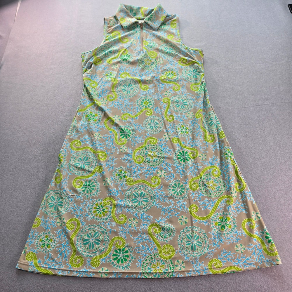 Spunkwear Womens Sleeveless Golf Tennis Dress Coastal Sea Life Print Tan Green